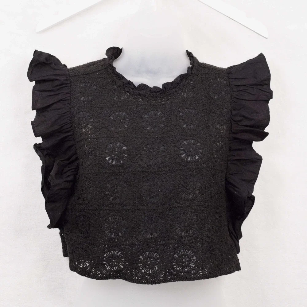 ZARA Crochet Open Knit Lace Ruffle Sleeve Crop Top Festival Romantic Black Sz M